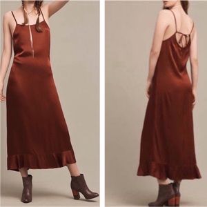 Lacausa Anthropologie Arcadian Lucky Dress Rust Satin Maxi New with Tag